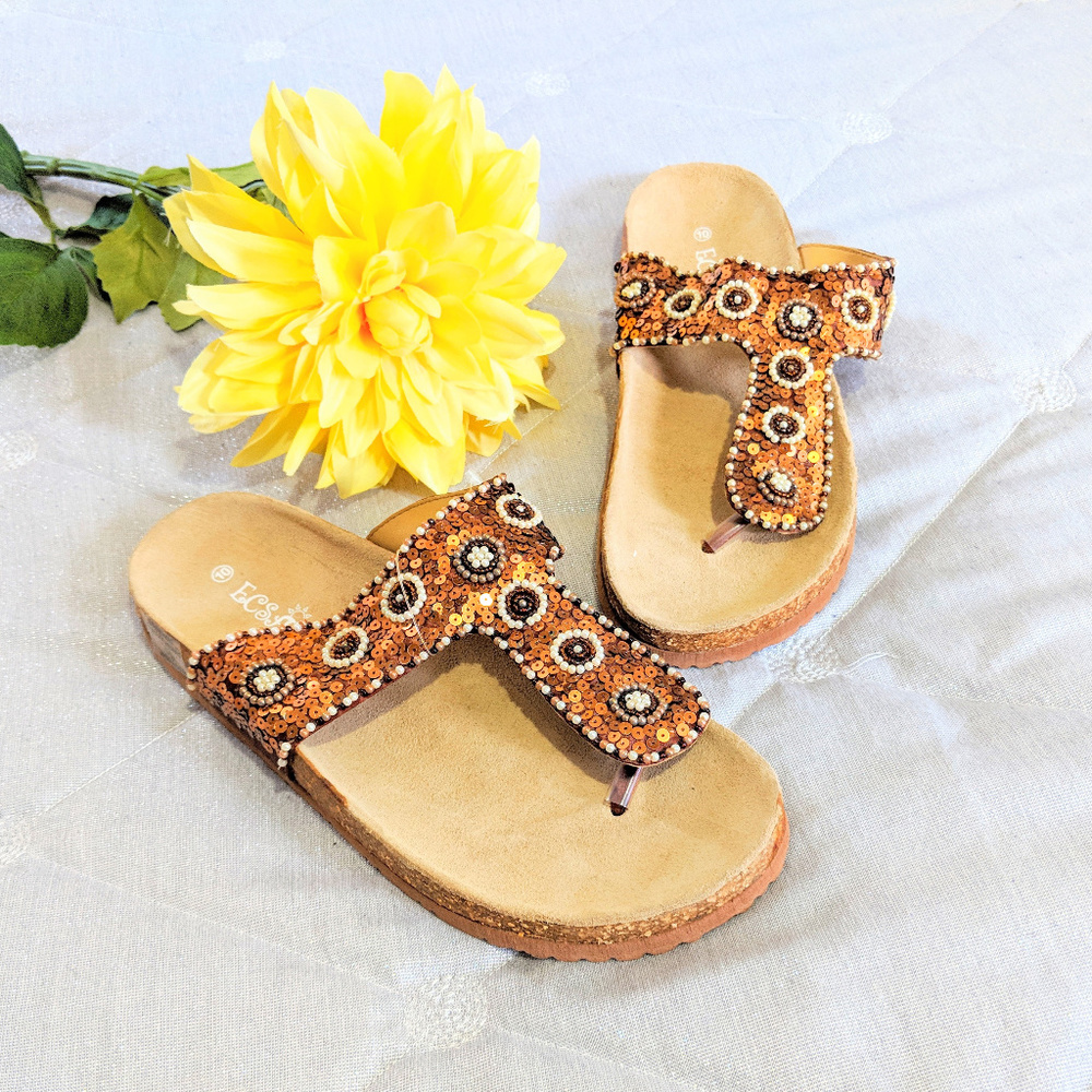 *ECSA Flat Sandals Bronze sequins Sz 10